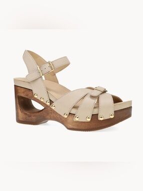 Dansko Alanna Studded Leather Ankle Wrap Wood Wedge Sandals Vanilla 9.5